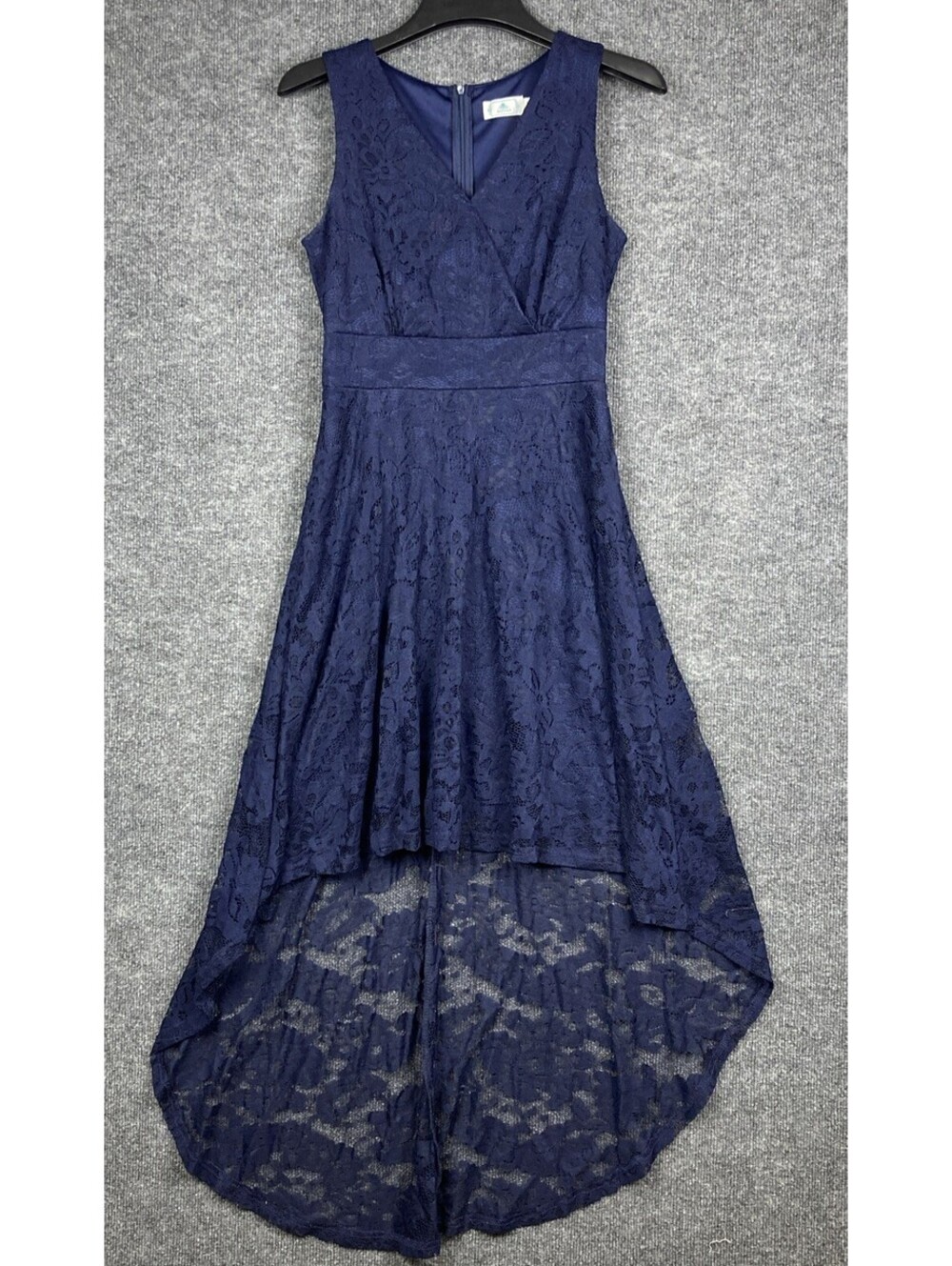 Zapaka Womens Size Medium Navy Sleeveless Floral Lace Overlay Hi Low Dress